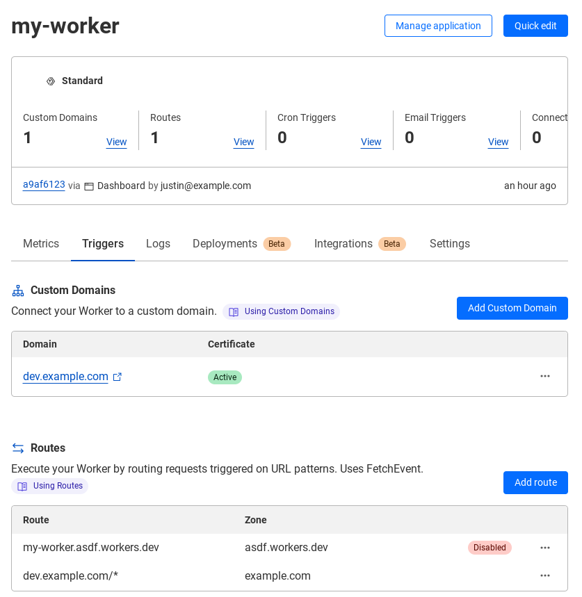 Cloudflare worker route for dev worker