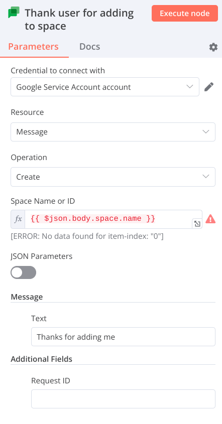 n8n Google Chat App node settings
